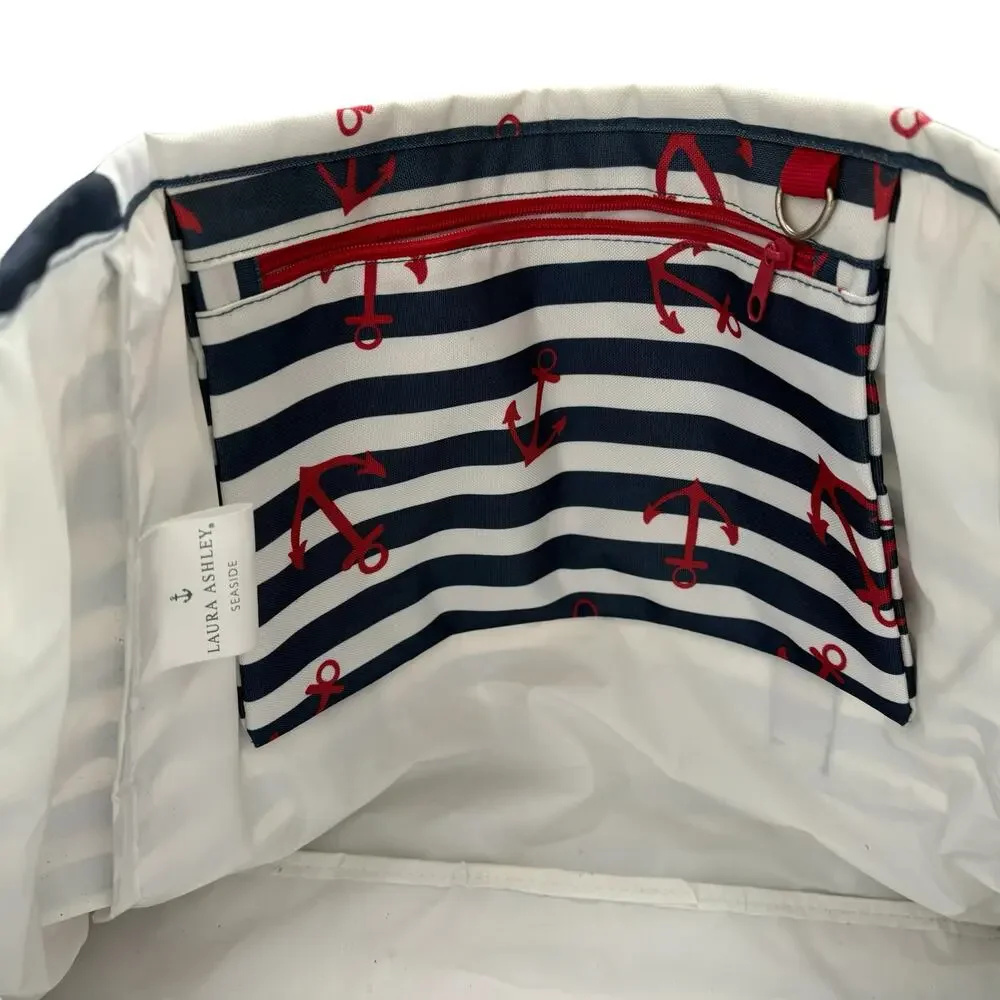 LAURA ASHLEY Seaside Blue White Red Anchor Lined Beach Tote Swim Bag Lined - Picture 6 of 13